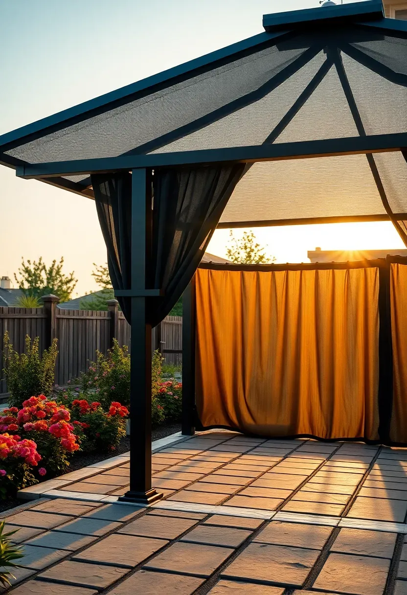 A dark metal hardtop gazebo with a galvanized steel roof and mosquito netting curtains on a paved patio beside a flower garden in evening light