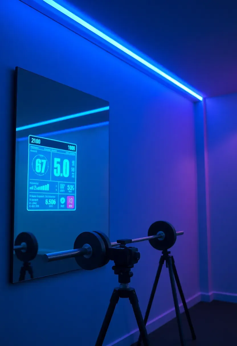 Smart home gym with connected mirror display, digital weight tracker, AI form-check camera, and ambient LED lighting