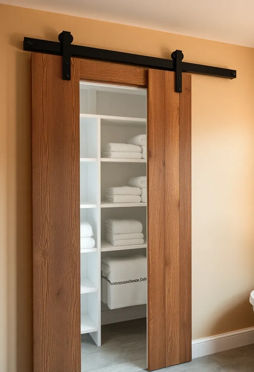 Rustic wooden barn door on black metal track concealing a bathroom linen closet