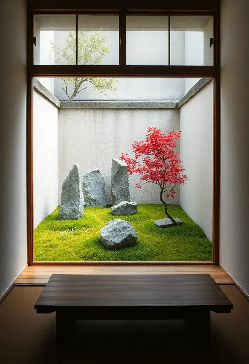 Hyper-realistic view from Japanese tiny house interior toward small stone garden. Large window overlooking courtyard with three vertical stones of varying sizes, moss ground cover, small maple tree in corner. Interior shows tatami floor and low table positioned toward garden view. Materials: natural stones, green moss, red maple leaves, wood floor, white walls. Soft natural light emphasizing garden details and indoor-outdoor connection. Shallow depth of field showing stone textures and maple leaves. Serene Japanese courtyard garden mood.</p>