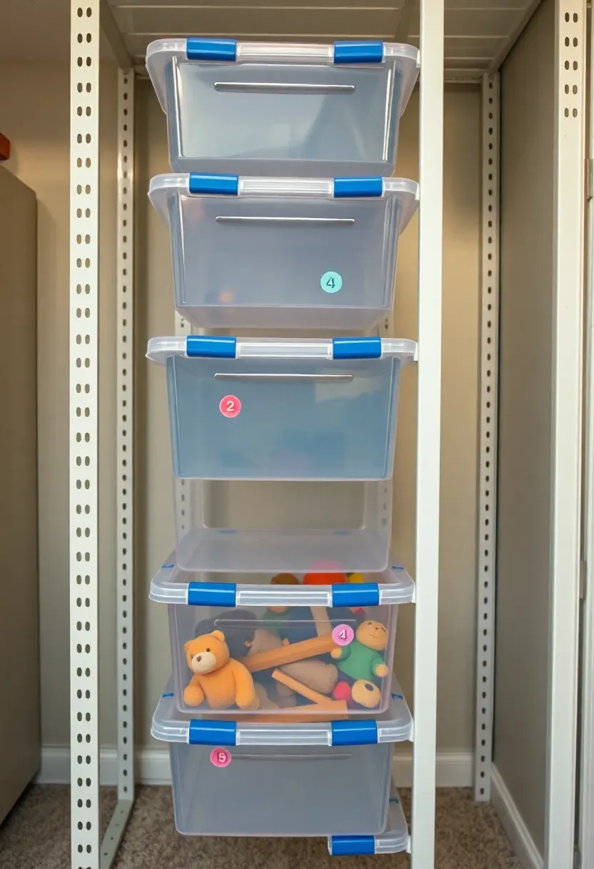 organized toy rotation system in basement playroom with labeled clear bins on shelving unit