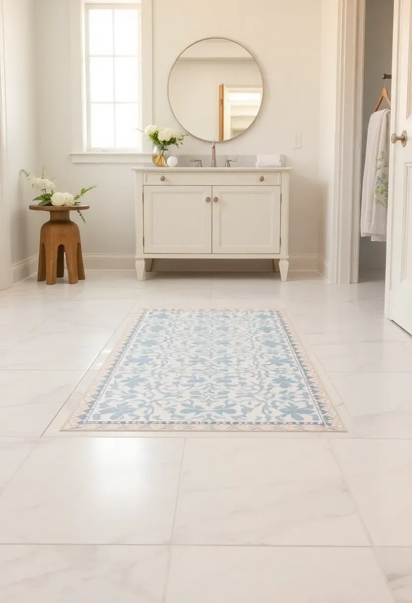 Mixed material bathroom floor with marble field tile and a central inlay of patterned encaustic in a custom design