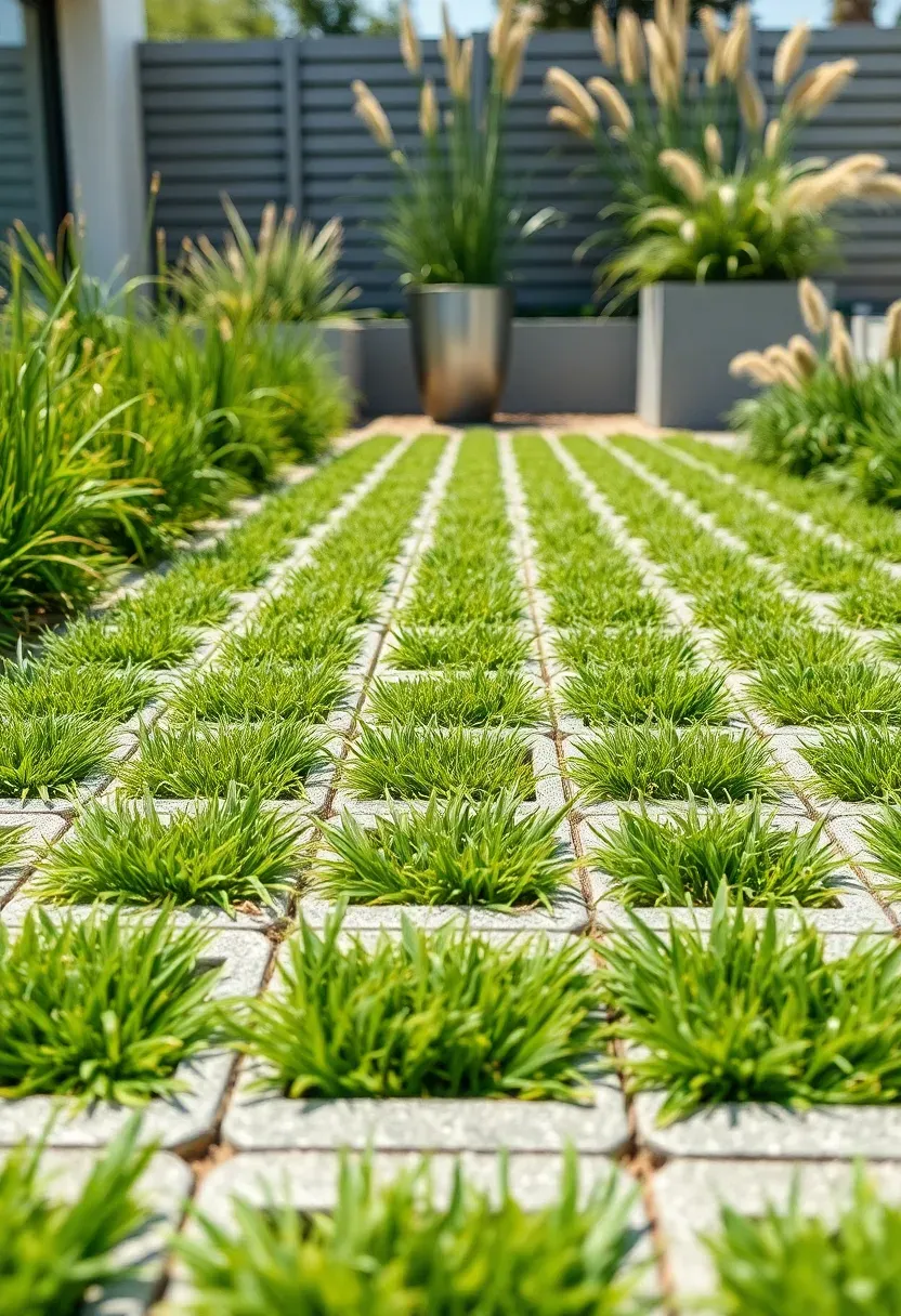 Concrete grid pavers with grass growing through openings forming a green-and-gray checkerboard pathway in a modern backyard