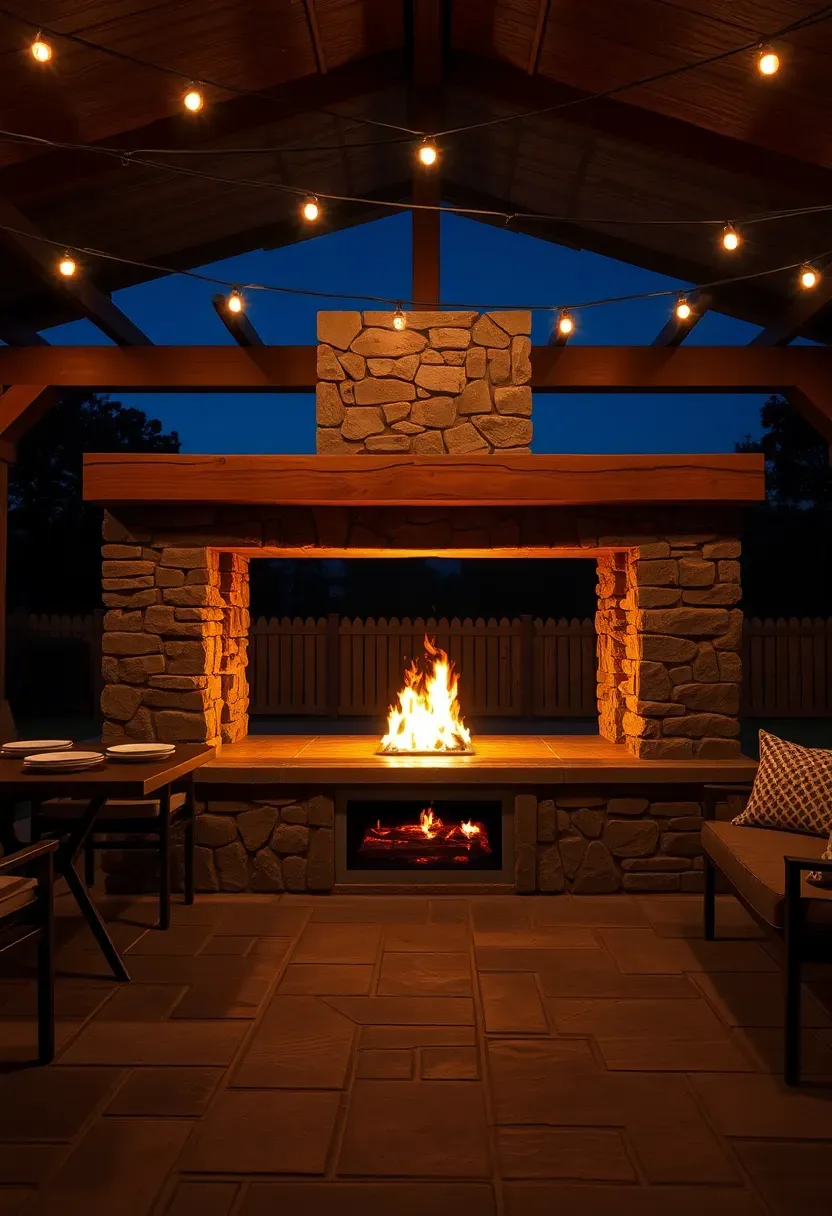 A two-sided see-through outdoor fireplace separating a dining area from a lounge space on a covered patio at evening