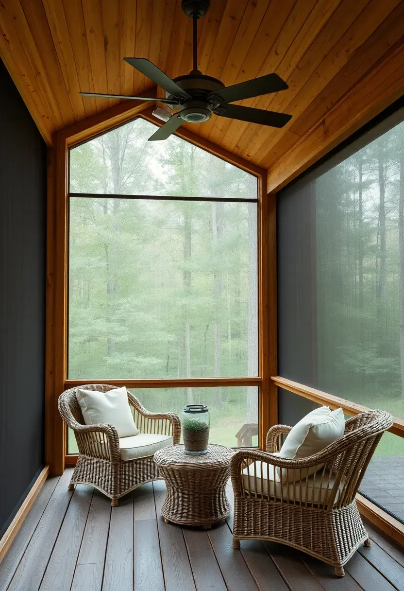 Three-season screened deck porch with fine mesh panels between timber posts, ceiling fans, wicker furniture with cushions, and views of a wooded backyard