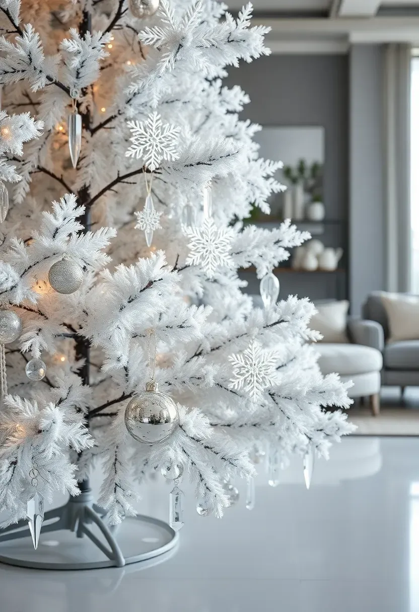 Hyper-realistic 3/4 view of a white flocked Christmas tree decorated with crystal snowflake ornaments, silver filigree spheres, and clear glass icicles. Materials: flocked white pine branches, crystal with faceted edges, silver-plated filigree ornaments, clear glass icicles, cool white LED lights. Soft diffused daylight (5000K), creating crisp reflections and icy shadows on pale floor. Frozen winter mood, shallow depth of field with crystal refraction sharp, visible room context with cool gray walls and modern furniture. No text, no logos, no watermarks.</p>