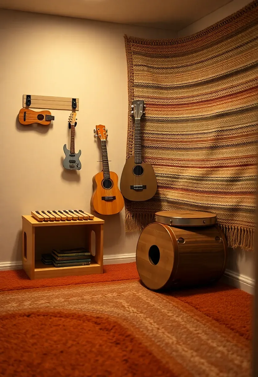 kids music corner in basement playroom with small drum kit xylophone and guitar on wall hooks
