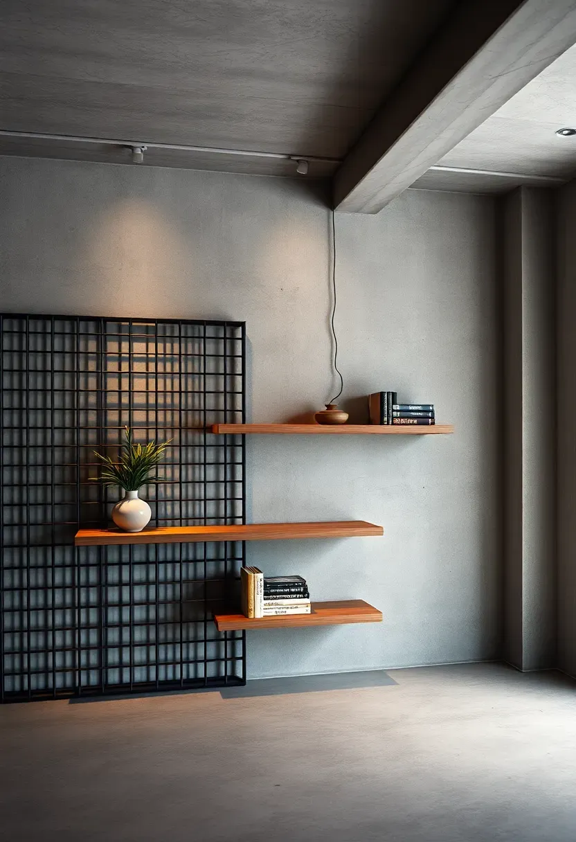 Black steel frame grid accent wall with integrated wood shelves displaying books and decor in an industrial basement loft