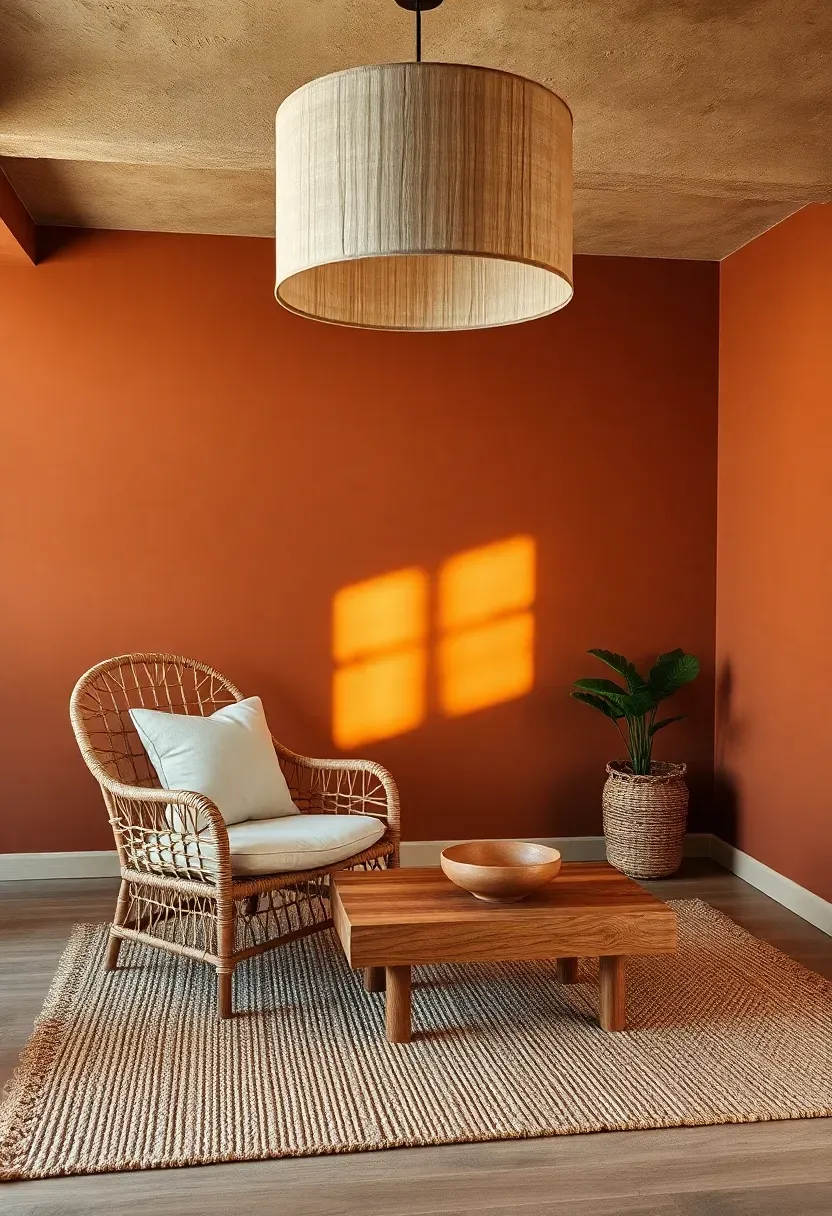 Warm basement living room painted in earthy clay and sienna tones with woven textiles and wood furniture