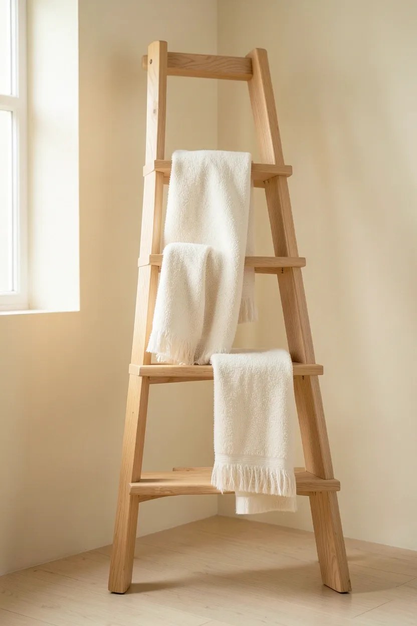 Light ash wood ladder leaning against a bedroom wall with folded neutral throw blankets draped over rungs
