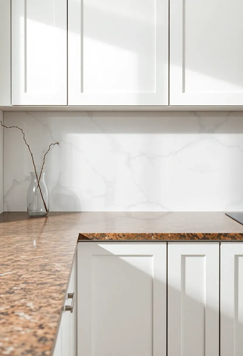 marble slab backsplash running from countertop to ceiling in a kitchen with fantasy brown granite countertop and white cabinets