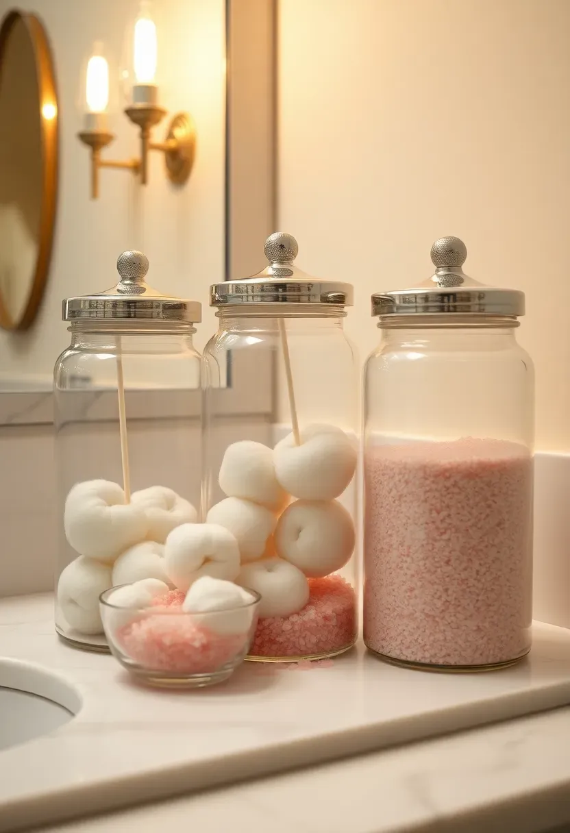 Set of three glass apothecary jars on a bathroom counter filled with cotton balls, swabs, and bath salts