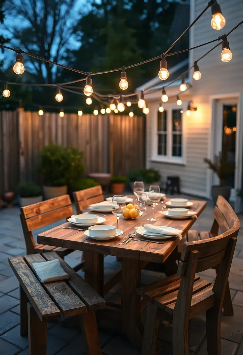 Café-style string lights hung low over a rectangular outdoor dining table set for dinner with plates and wine glasses on a patio at night
