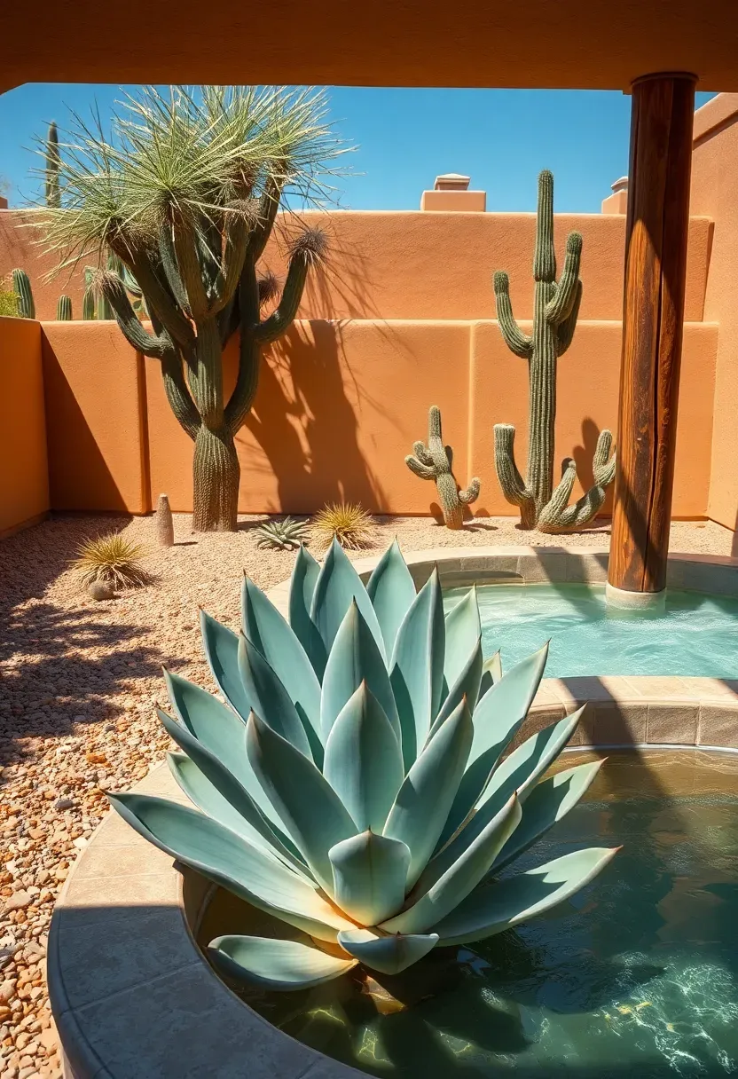 A desert landscape backyard with a hot tub surrounded by decomposed granite native cacti agave plants and warm-toned stucco walls