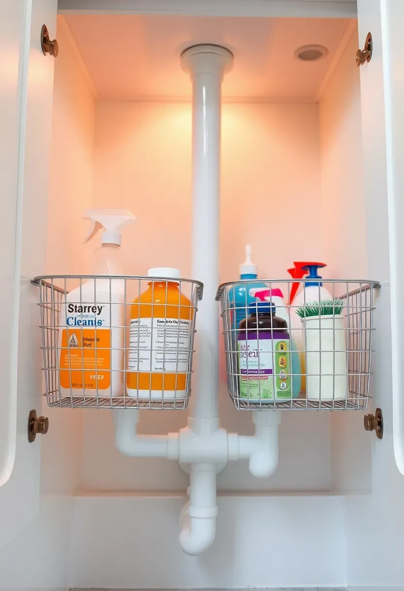 Under-sink bathroom cabinet with pull-out wire drawers revealing organized cleaning supplies and toiletries