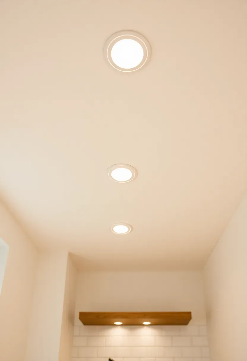 Hyper-realistic upward angle showing white painted ceiling with three recessed light fixtures casting soft glow down, hints of white subway tile walls and floating oak vanity below. Materials: painted plaster ceiling, white trim recessed lights, white tile walls, oak vanity. Warm soft white light (3000K), creamy neutrals with gentle illumination. Serene minimal mood, sharp ceiling detail, soft shadows. Vertical 2:3 framing. No logos.</p>