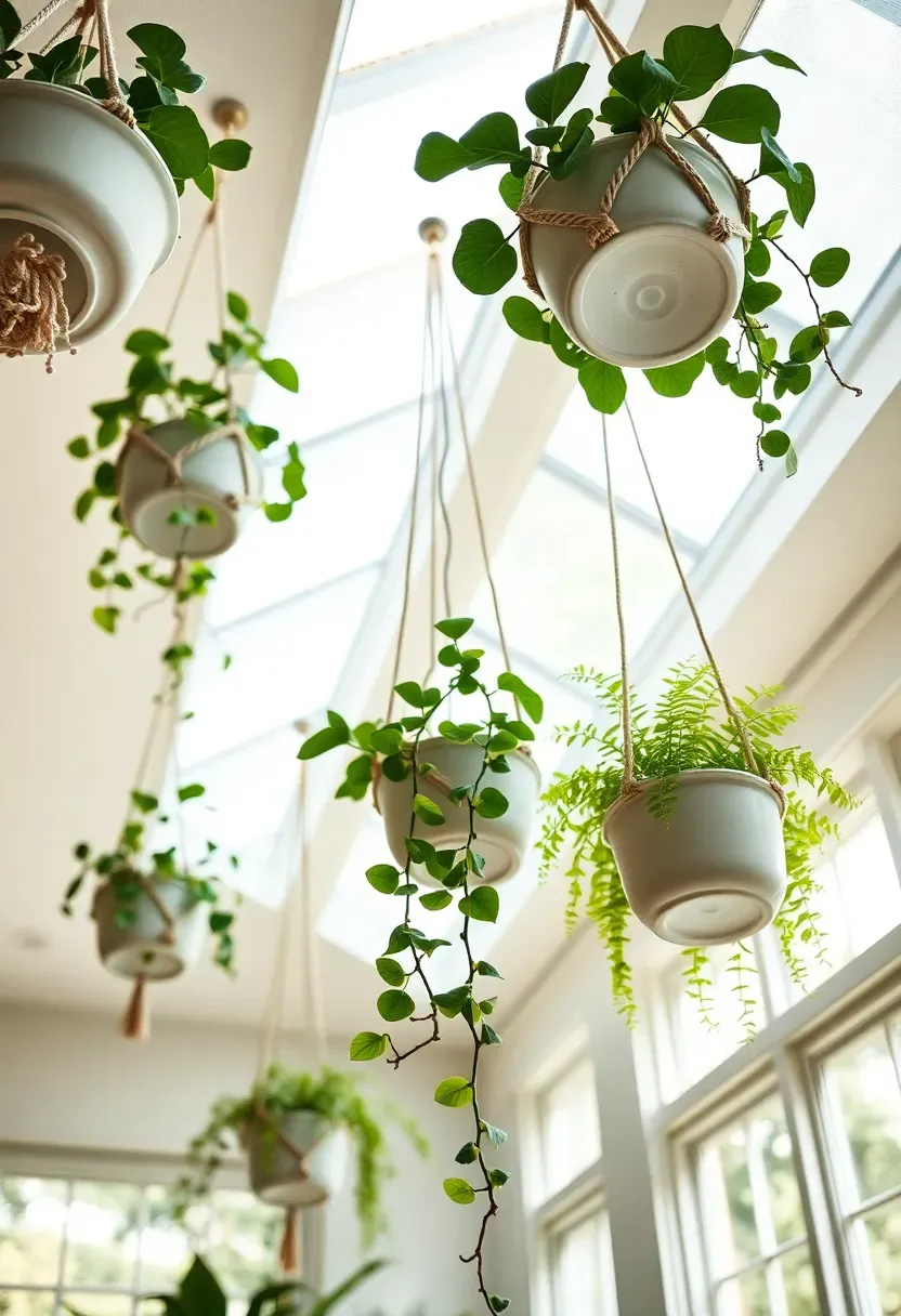 Sunroom ceiling with a cascading arrangement of hanging planters at varied heights containing trailing pothos, string of pearls, and ferns in macrame holders