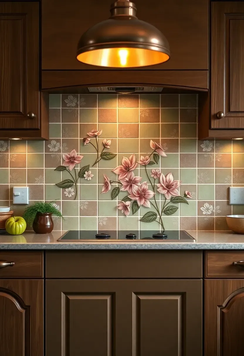 Art Nouveau kitchen with hand-painted floral tiles, curved cabinetry, and bronze fittings