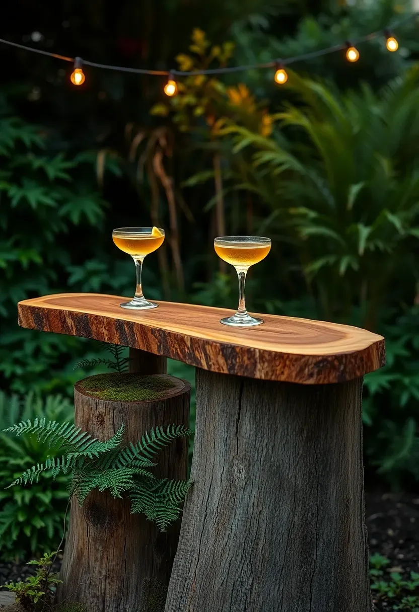 Live-edge cedar plank bar top on log stump supports, natural bark edges, craft cocktails, forest-inspired backyard with ferns and string lights