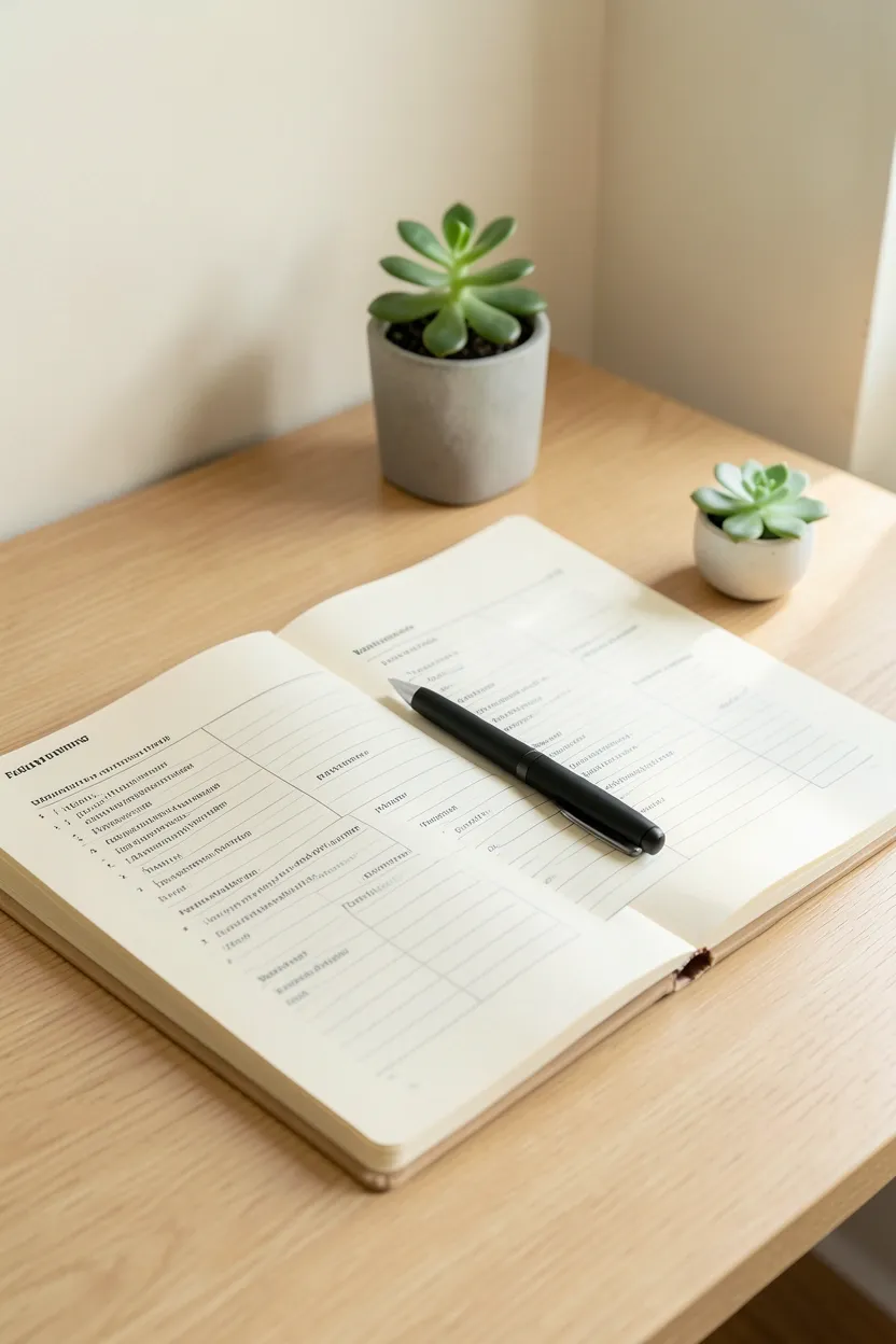 Minimalist meal prep setup — simple ingredients, a notepad weekly menu, and clean counters in a small rental kitchen