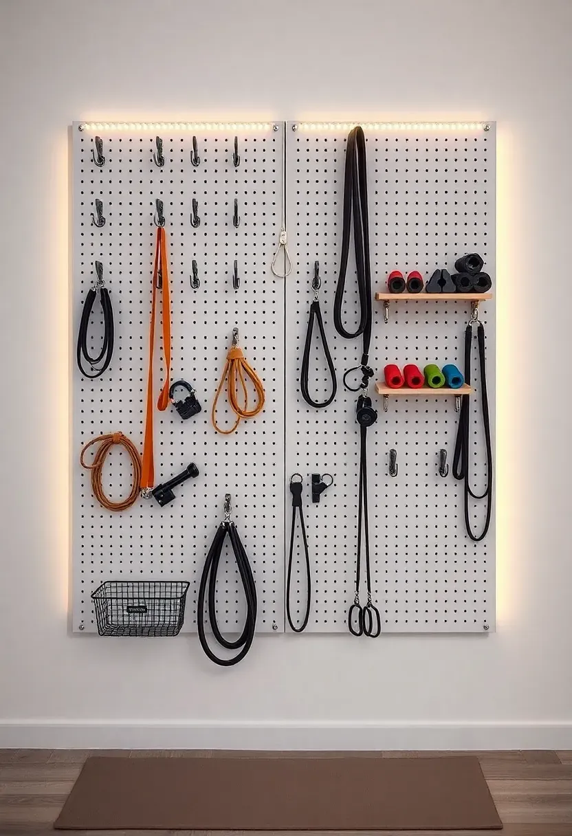 Minimalist white pegboard storage wall with hooks for resistance bands, jump rope, and small weights — zero floor footprint gym storage