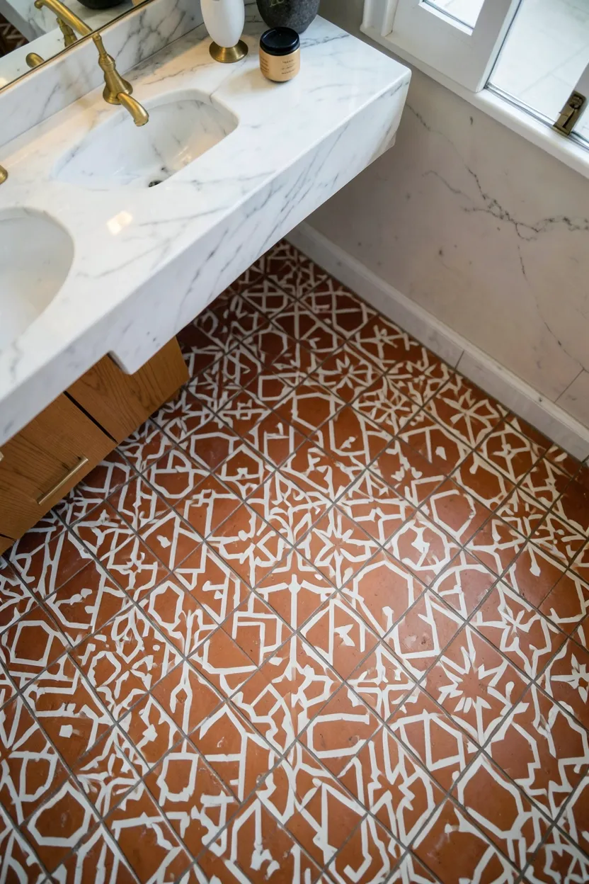 Bathroom with terracotta floor tiles and sage green cabinet walls paired with brass fixtures and indoor plants