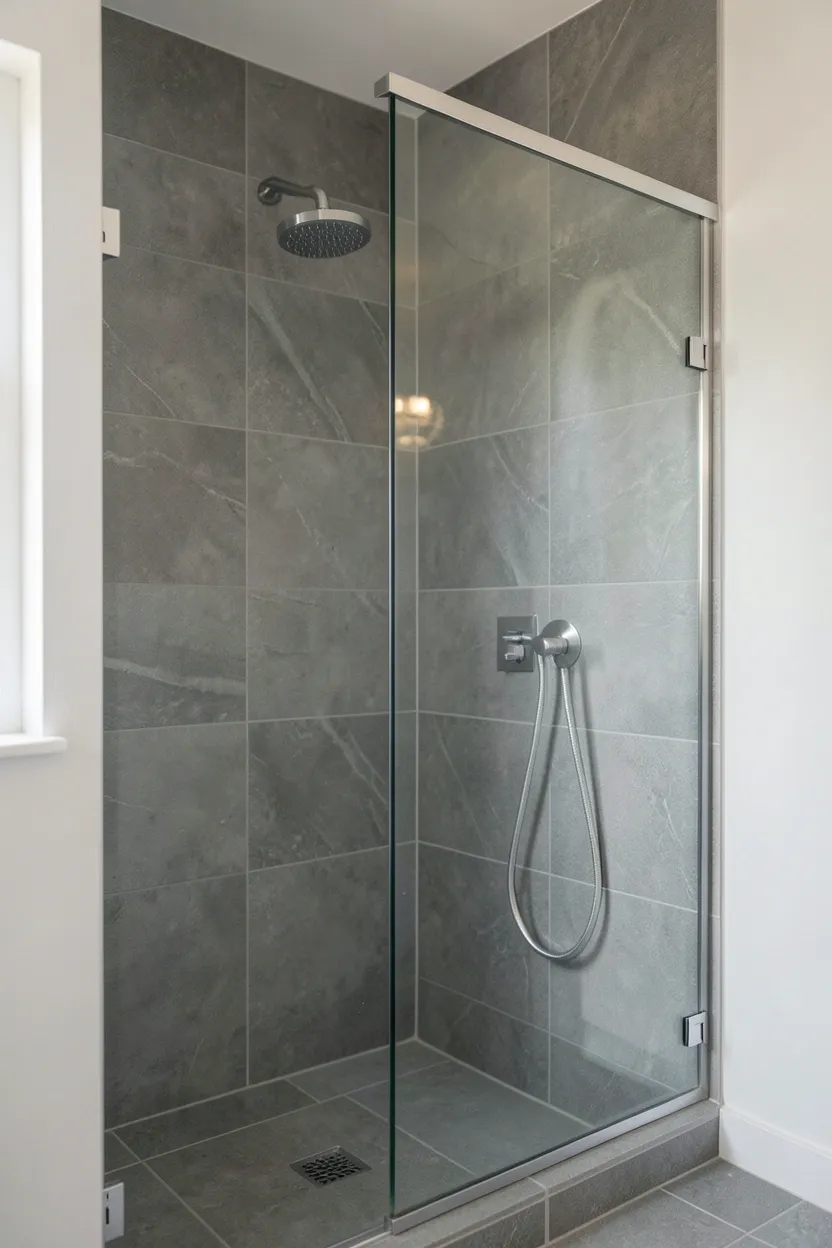 Slate grey large format shower tiles behind a frameless glass enclosure in a spa-inspired modern bathroom