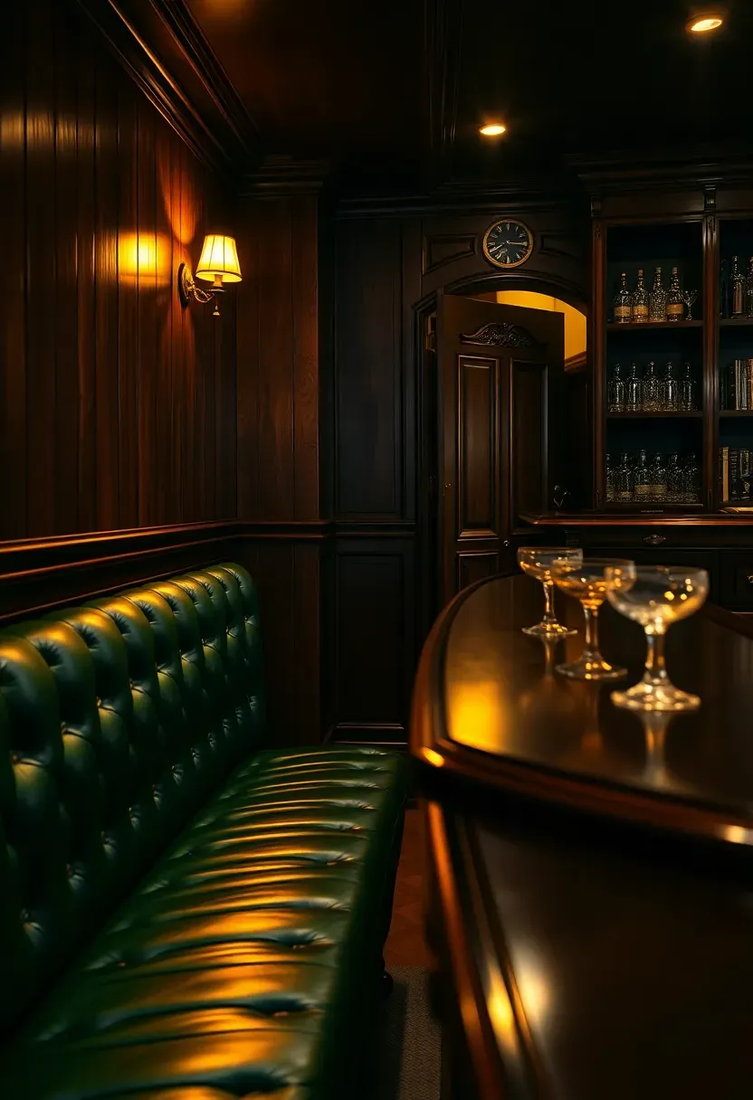 Speakeasy-style basement bar with tufted leather banquette seating, brass fixtures, and hidden bookcase entrance