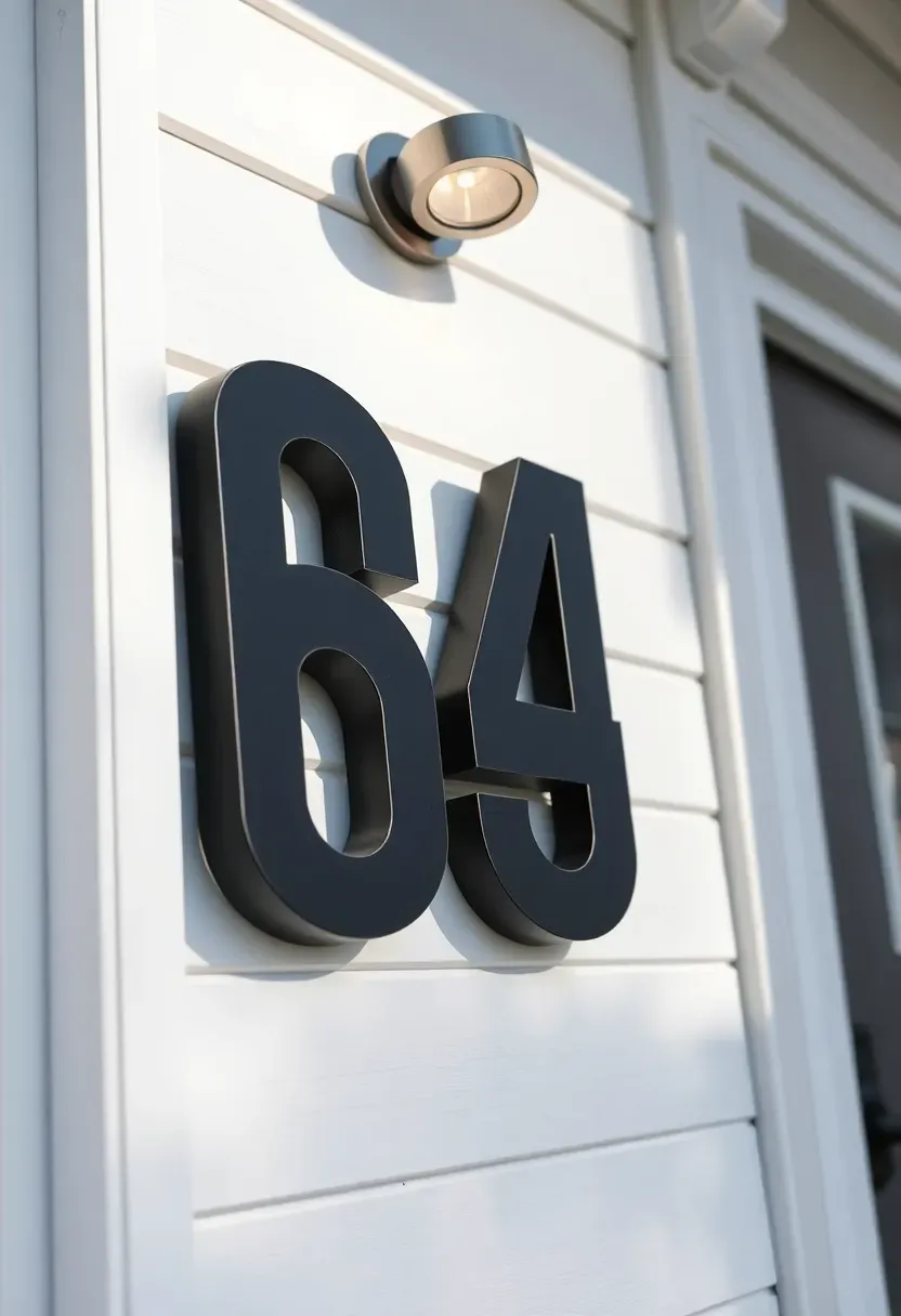 Large modern house number plaque in matte black with contemporary font mounted on a white clapboard wall