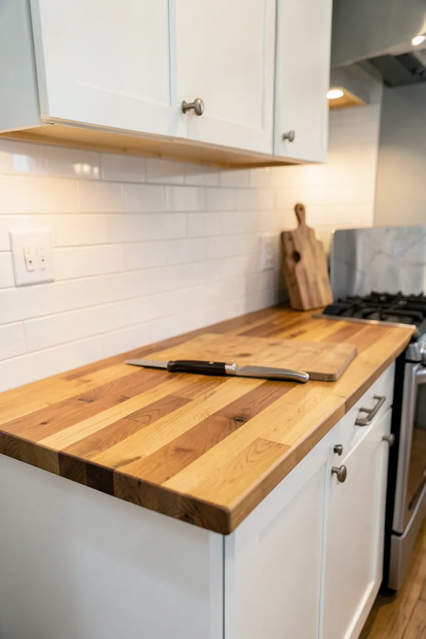 Natural maple butcher block countertops with visible wood grain in a warm kitchen — functional and beautiful food prep surface