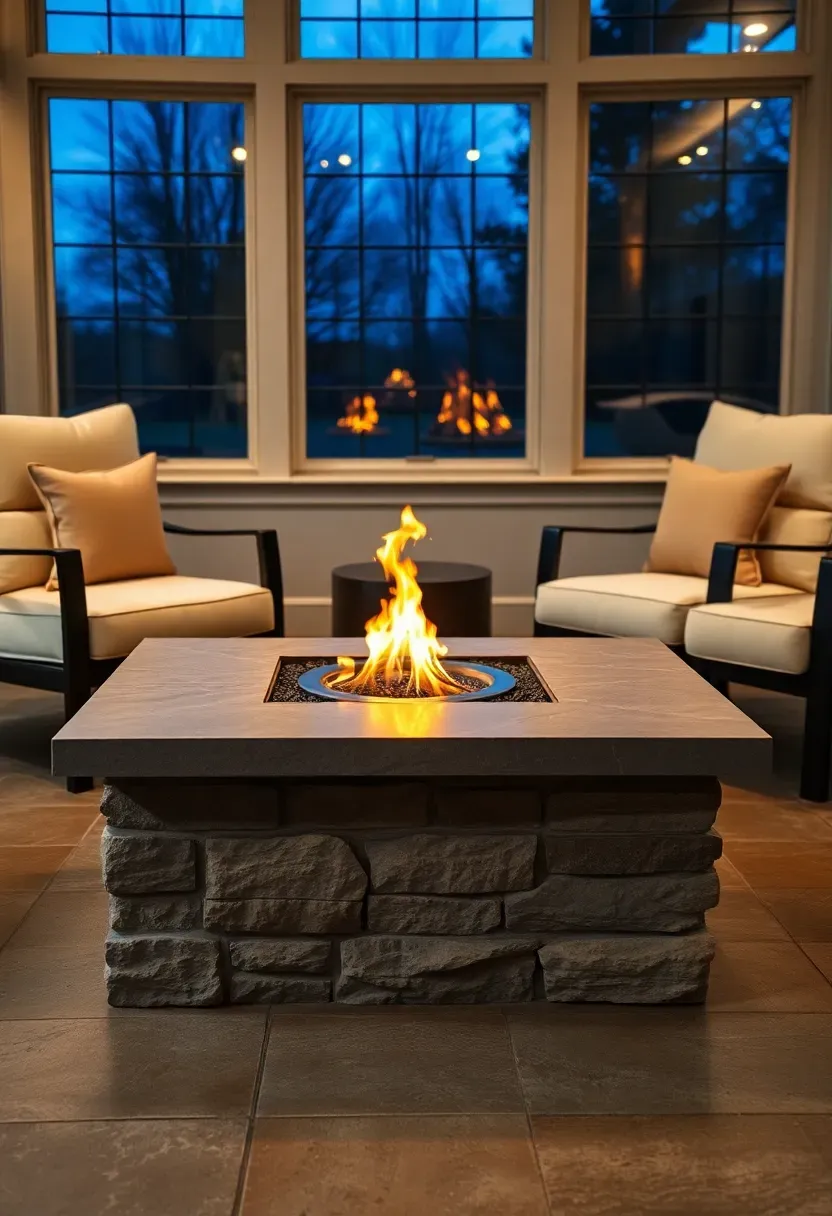 Low-profile gas firepit table with a stone surround centered between two outdoor armchairs in a three-season sunroom at dusk with small flames flickering