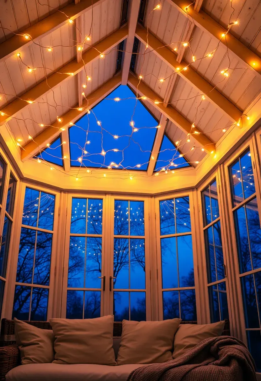 Sun room ceiling covered in a grid of warm white string lights creating a starry canopy effect