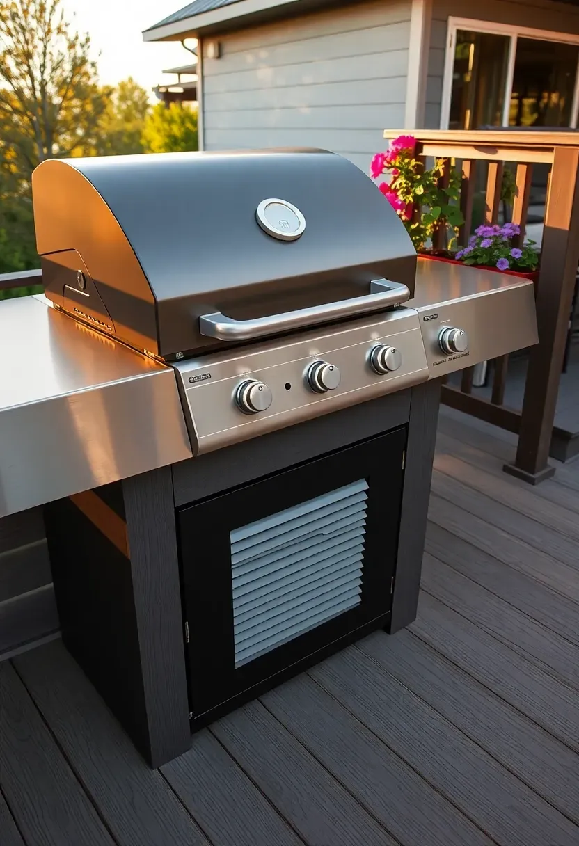 Gas grill built into a wooden deck with composite decking surrounding it, stainless steel trim, storage cabinet below, and railing planters nearby