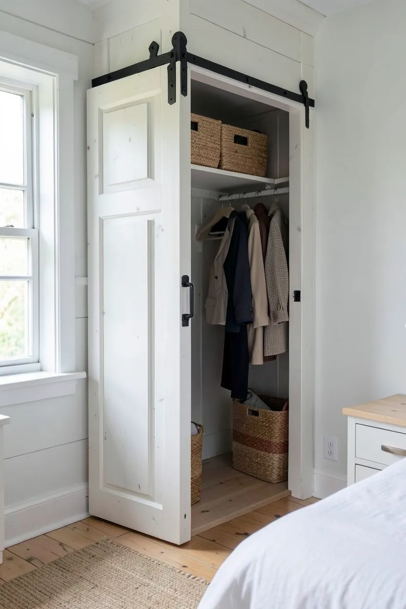 Whitewashed reclaimed wood sliding barn door on black track hardware covering a closet in a farmhouse bedroom