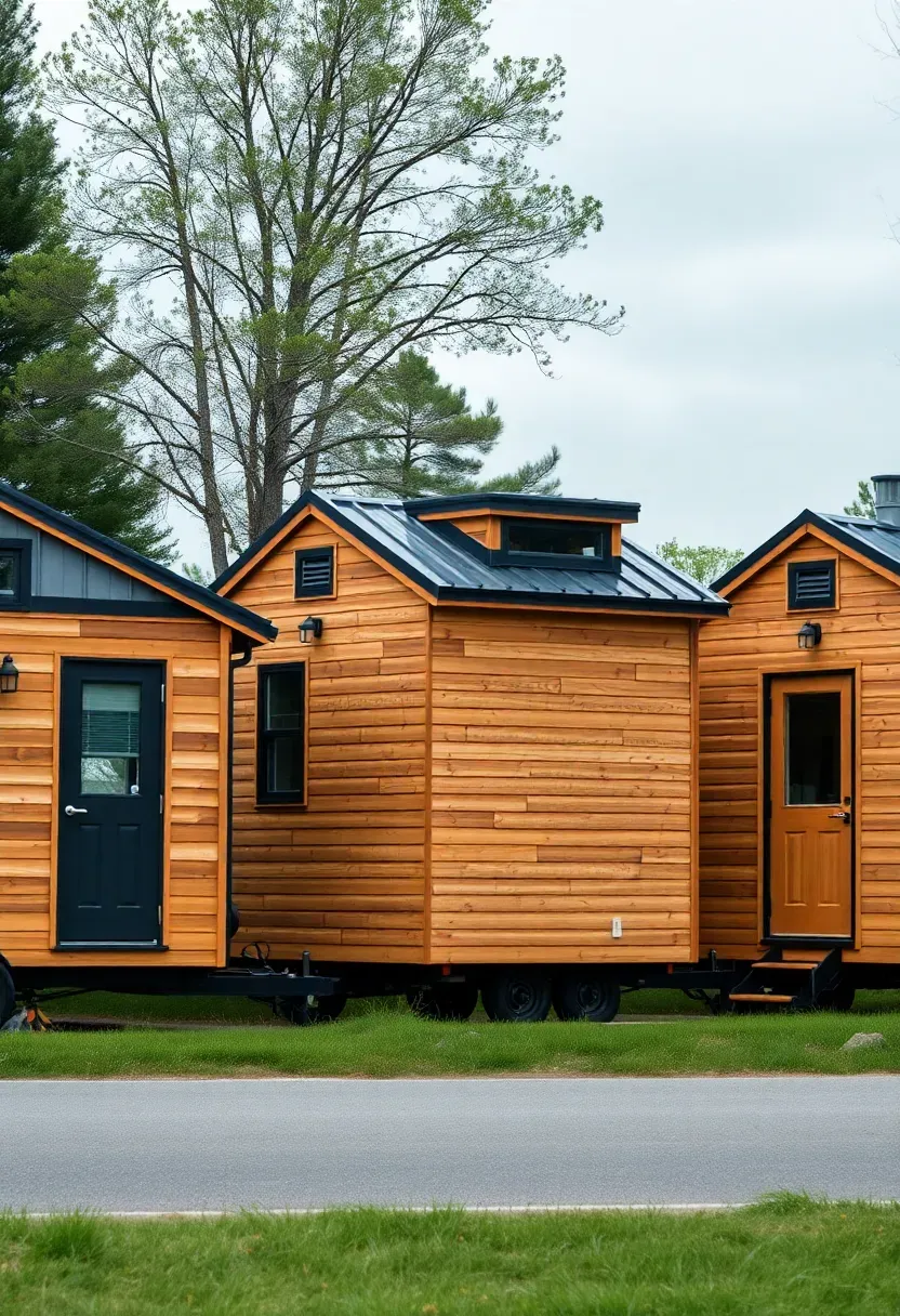 Hyper-realistic side profile comparison showing three tiny houses of different lengths parked together—16 foot, 24 foot, and 28 foot models—demonstrating size progression. All similar design with wood siding, metal roofs, black trim. Set against simple natural backdrop. Soft overcast light for even illumination. Documentary mood with clear size comparison. Sharp details on architectural elements. No text, no logos, no watermarks.</p>
