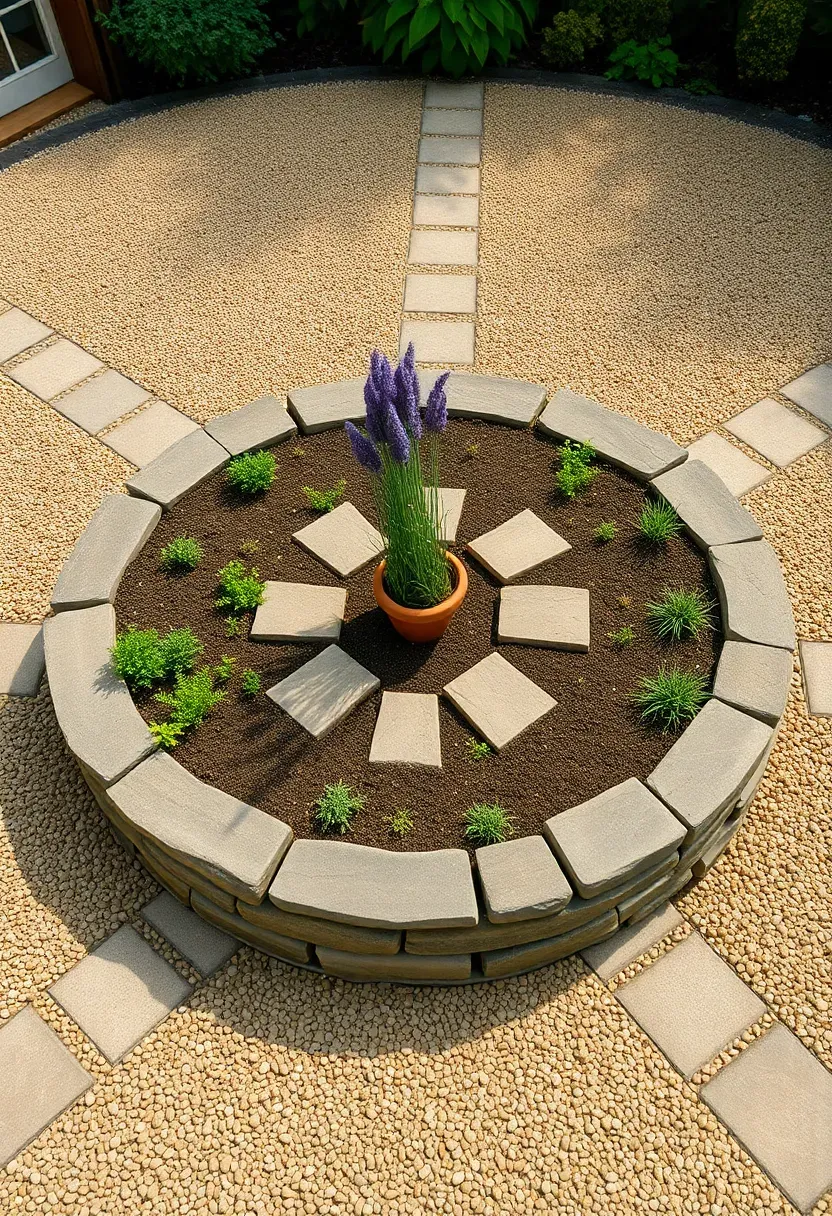 Circular raised garden bed at the center of a backyard garden, built from stone, surrounded by gravel pathways leading to it from four directions, planted with herbs and flowers
