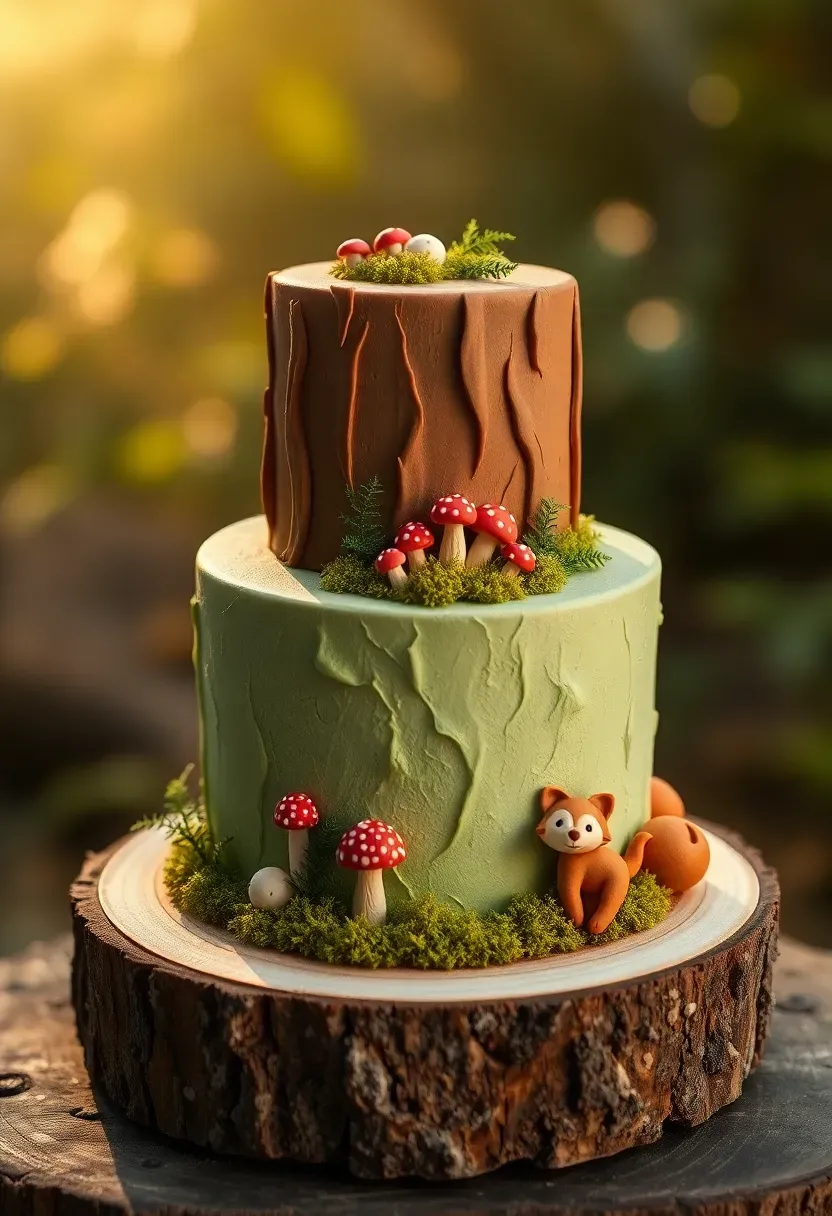 whimsical woodland baby shower cake with fondant mushrooms moss textured buttercream tiny woodland creatures and log bark fondant detail