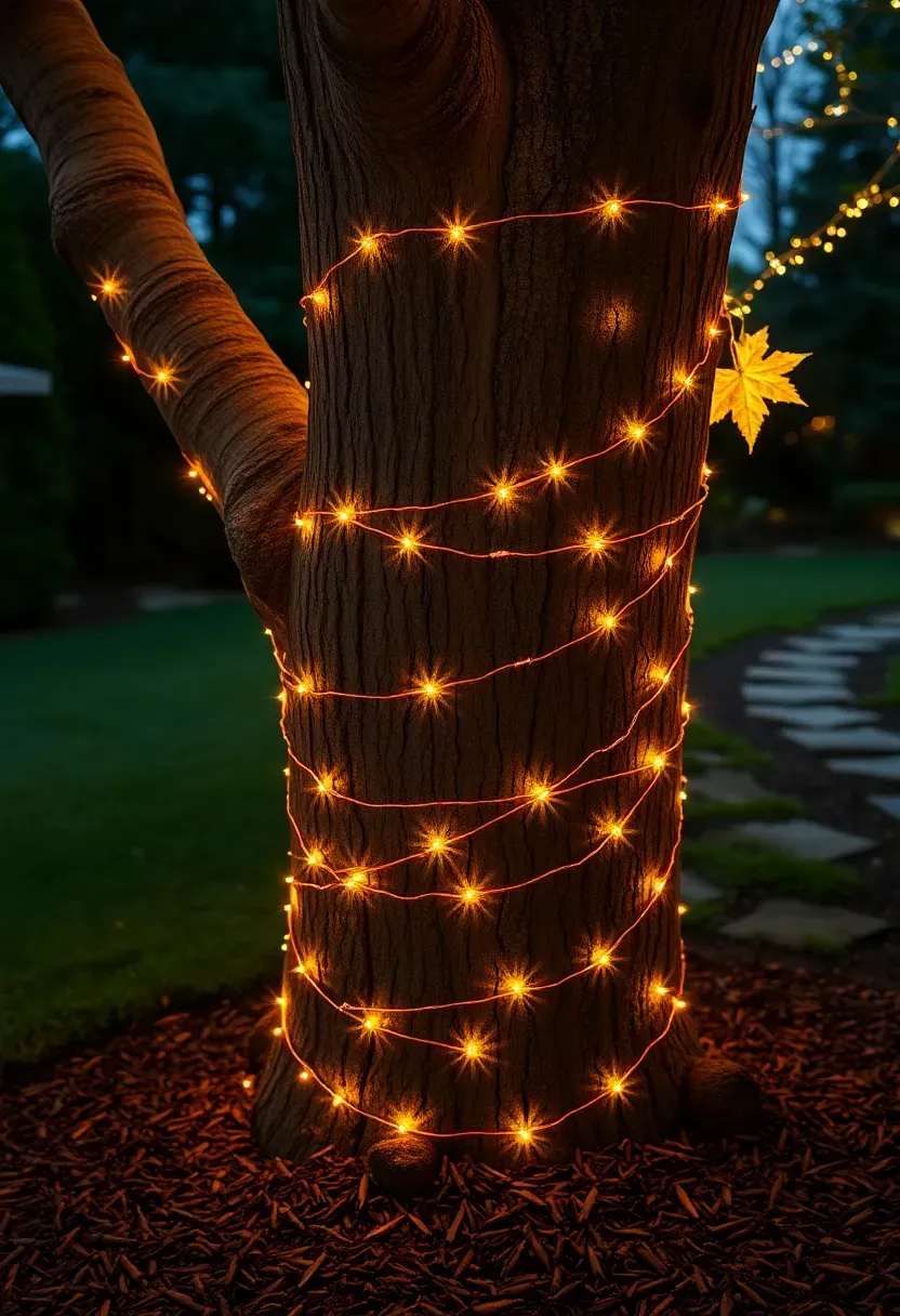 Warm micro string lights wrapped tightly around the trunk and lower branches of a large backyard maple tree at night