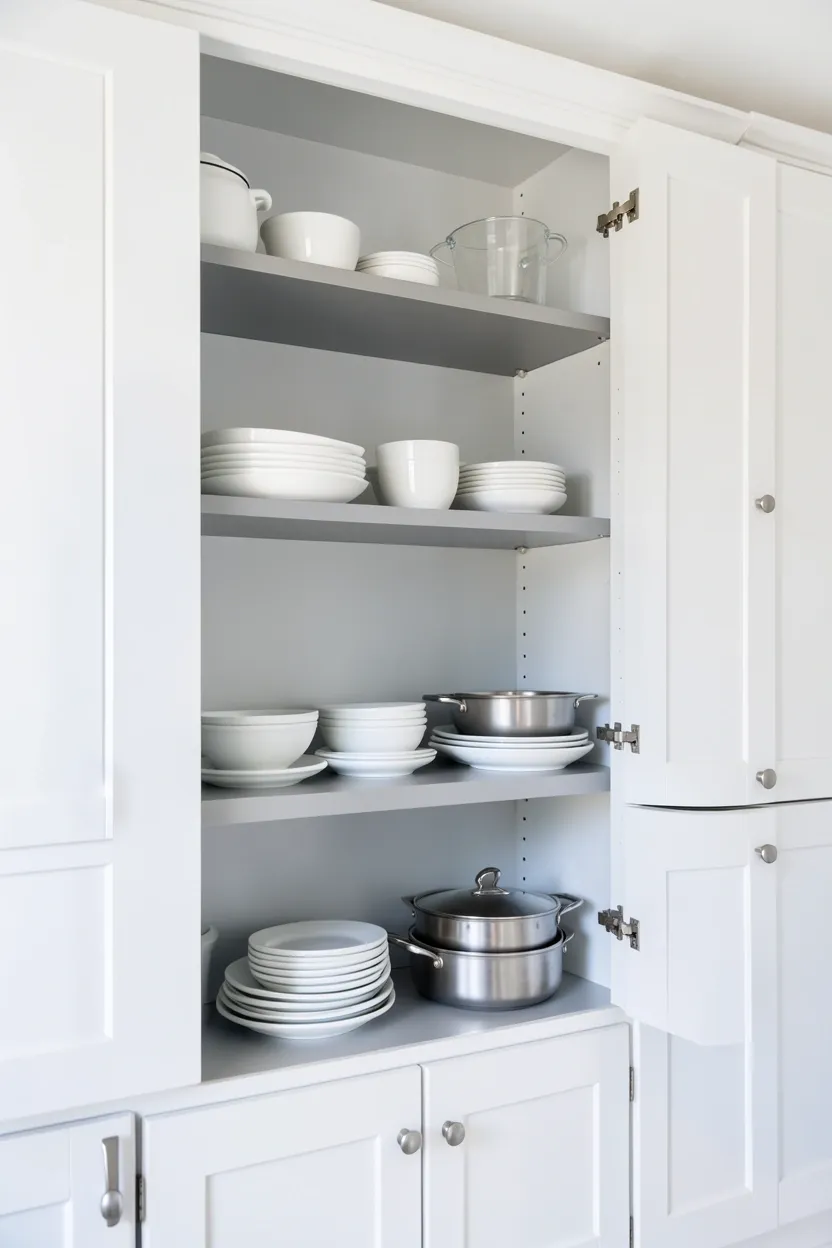 White kitchen cabinets with gray floating open shelves displaying ceramics and greenery in a bright modern kitchen
