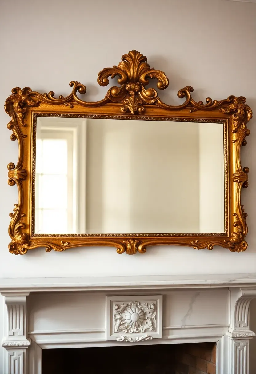 Ornate weathered gilt mirror with baroque scrollwork above a white painted mantel