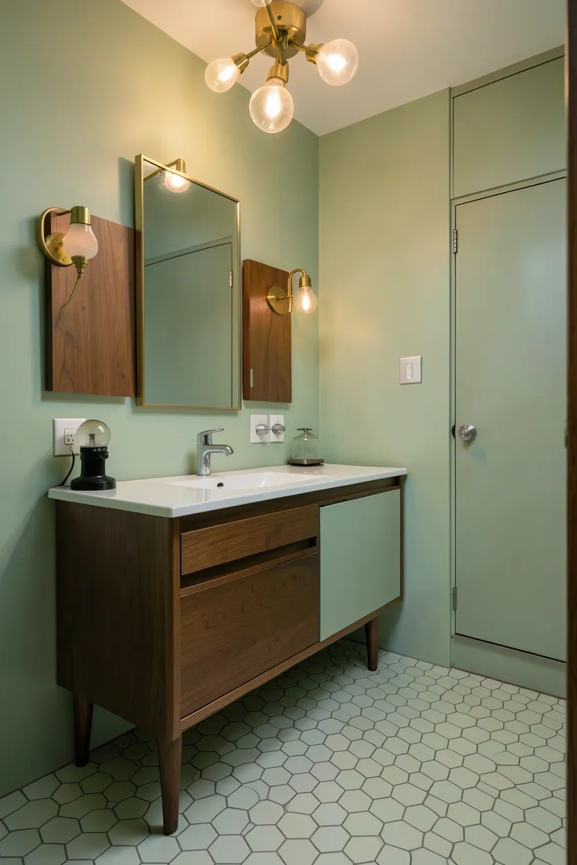 Mid-century modern sage green bathroom with walnut-leg vanity, penny round floor tiles, and sputnik light fixture