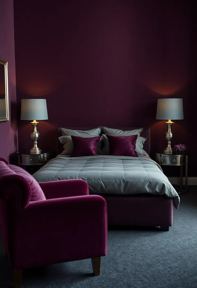 Hyper-realistic wide shot of a moody bedroom with deep plum walls, queen bed with gray duvet and plum velvet throw pillows, silver bedside table lamps with gray shades, plum velvet armchair in corner. Visible room context with dark gray carpet, silver-framed mirror on wall. Materials: matte plum paint, gray brushed cotton, polished silver, plush velvet. Warm dim lighting from bedside lamps, romantic shadows on walls. No text, no logos, no watermarks.</p>