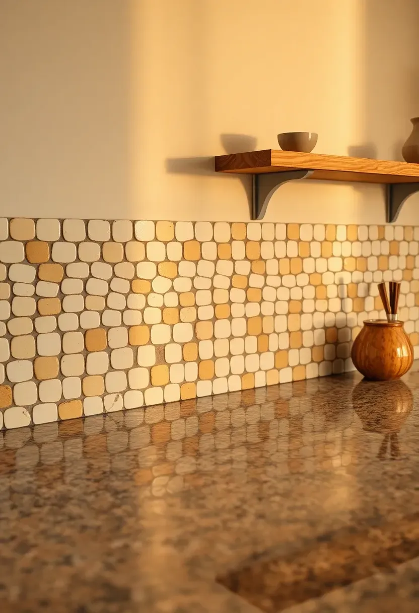 cream zellige handmade tile backsplash with irregular surface catching kitchen light above fantasy brown granite counters