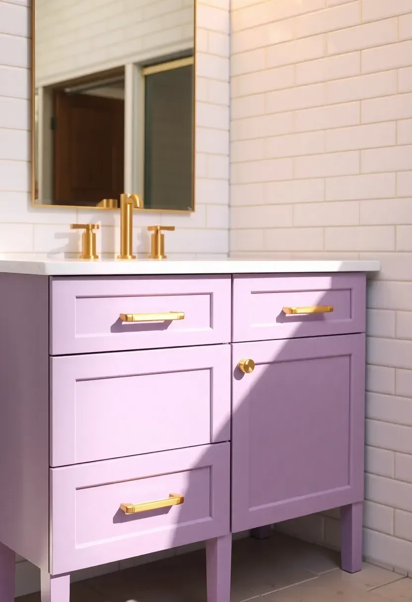 Pastel pink vanity unit with brass fixtures and white countertop