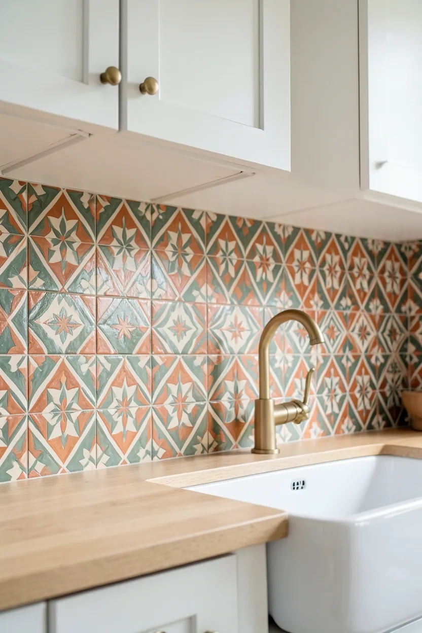 Hyper-realistic eye-level photograph of a boho kitchen backsplash featuring intricate Moroccan geometric tile patterns. The tiles are in warm terracotta, sage green, and cream colors with diamond and star motifs. The backsplash extends from light wood countertop to white upper cabinets. The countertop has a white farmhouse sink and brass faucet. Natural daylight highlighting the tile patterns. Materials: hand-painted ceramic tiles, light oak, brass. Vibrant and artistic boho mood. Sharp focus on the geometric tile patterns and color details. No text, no logos, no watermarks.</p>