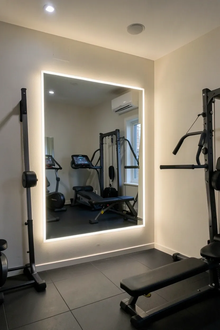 LED strip lights installed under a gym mirror creating a soft ambient glow along the wall of a small workout room