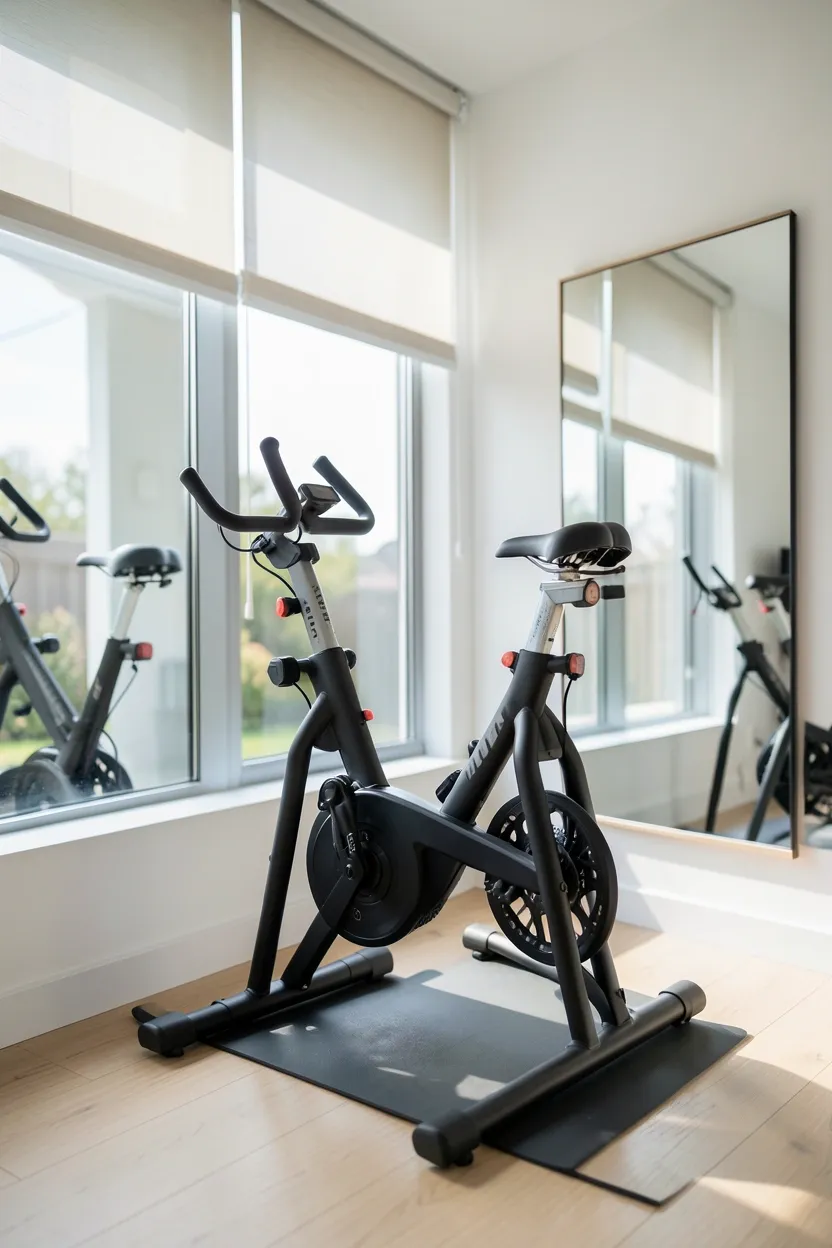 Compact exercise bike positioned in front of large window with wall mirror alongside creating light-filled cardio zone in a small apartment gym