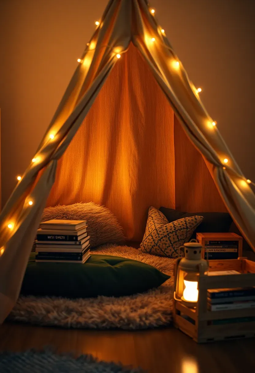 Cozy camping-themed reading nook inside a canvas play tent with string lights, cushions, and stacked books
