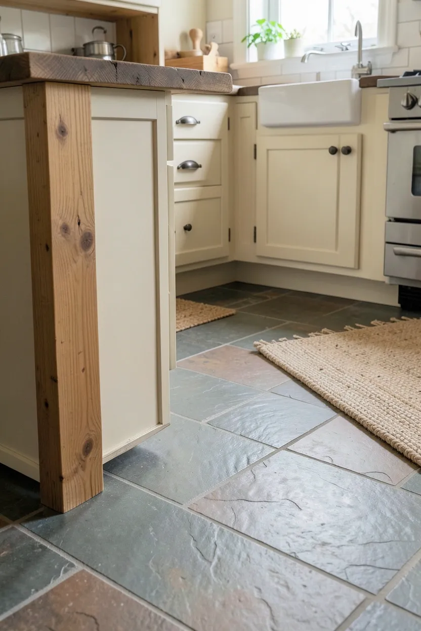 Honed terracotta tile floor in a small cottage kitchen adding earthy warmth and rustic character