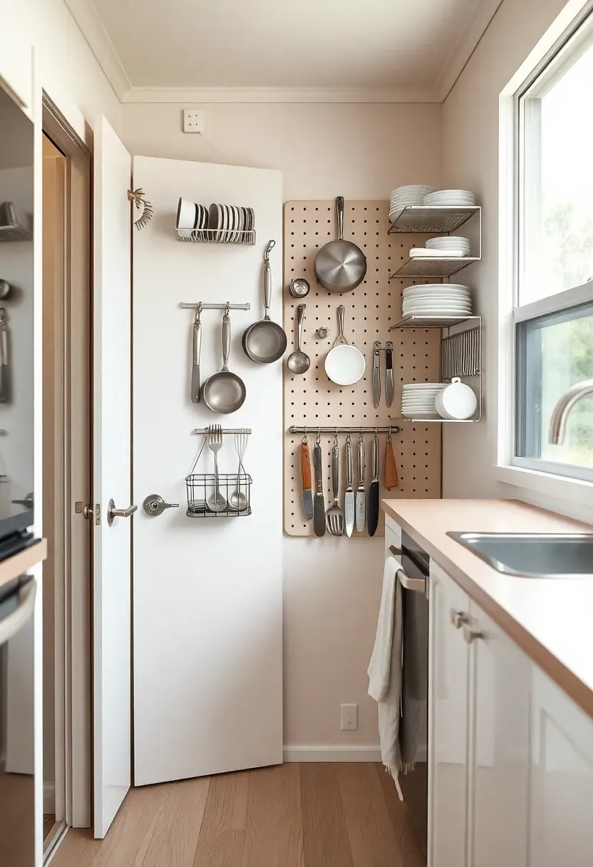 Hyper-realistic 3/4 view of a tiny house kitchen with over-door organizer, wall-mounted pegboard with pots and utensils, magnetic knife rack. Materials: white oak floor, matte white walls, brushed steel organizers, white ceramic dishes. Warm diffused window light, creamy neutrals with steel accents. Mood: organized, efficient, tidy. Shallow depth of field, sharp details, balanced composition, soft shadows, visible room context. No text, no logos, no watermarks.</p>
